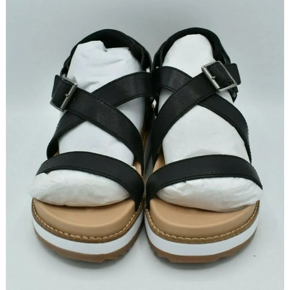 Lucky Brand Women Size 9.5 Idenia Wedge Strappy Black Saddle Leather Sandal Shoe